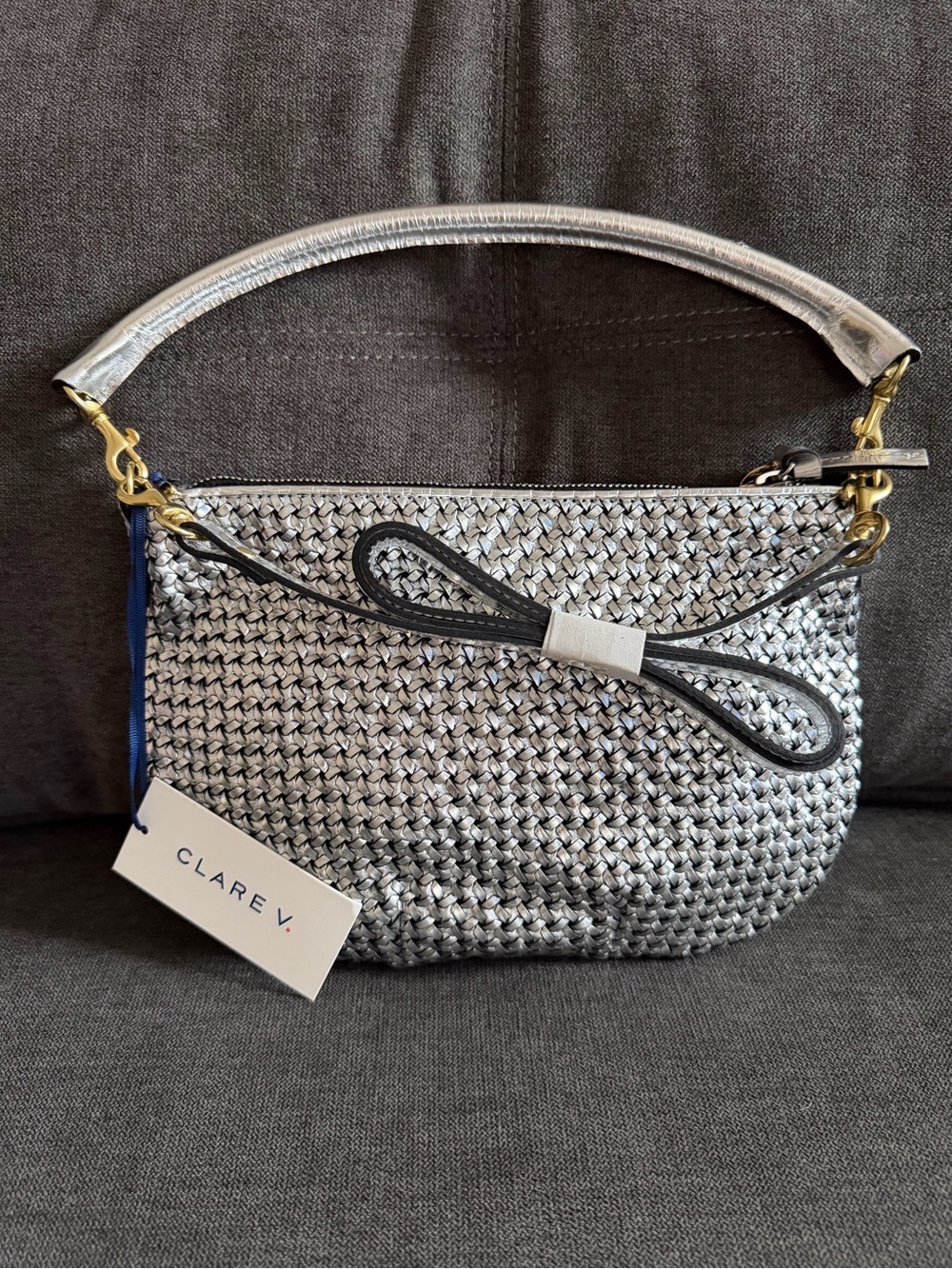 CLARE V. Petit Moyen Messenger in Silver Woven Etoile NWT